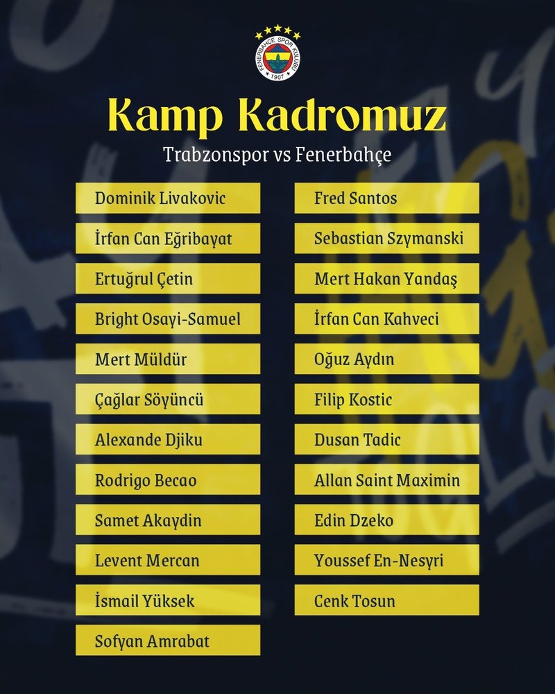 Fenerbahçe'nin Trabzonspor maçı kamp kadrosu açıklandı!- Fenerbahçe