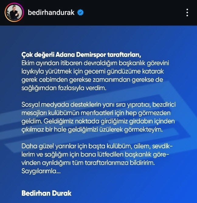 Adana Demirspor Başkanı Bedirhan Durak görevinden ayrıldığını açıkladı- Adana Demirspor
