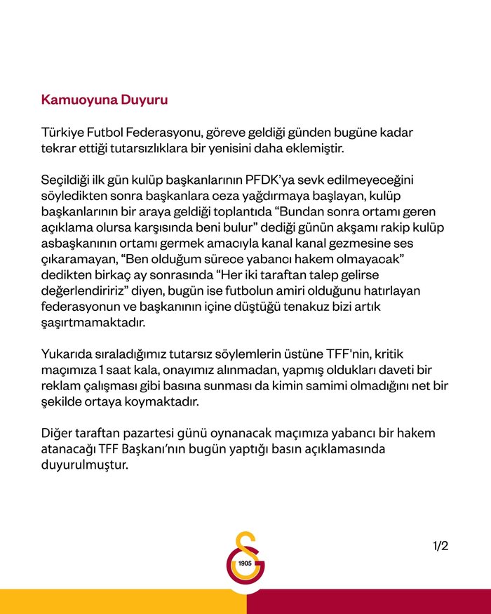 Galatasaray'dan flaş TFF açıklaması: Kaos yaratmaktan vazgeçin!- Fenerbahçe