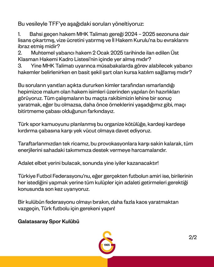 Galatasaray'dan flaş TFF açıklaması: Kaos yaratmaktan vazgeçin!- Fenerbahçe