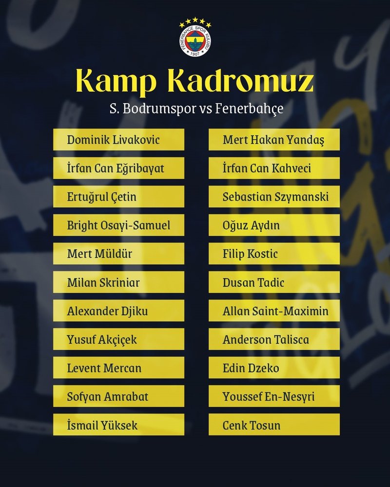 Fenerbahçe'nin Sipay Bodrum FK maçı kamp kadrosu açıklandı!- Fenerbahçe