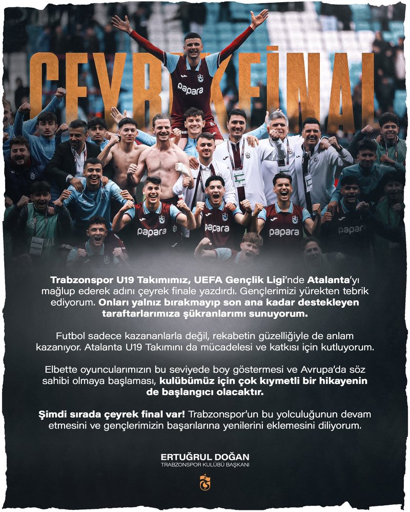 Trabzonspor Kulübü Başkanı Ertuğrul Doğan'dan U19 takımına kutlama- Trabzonspor