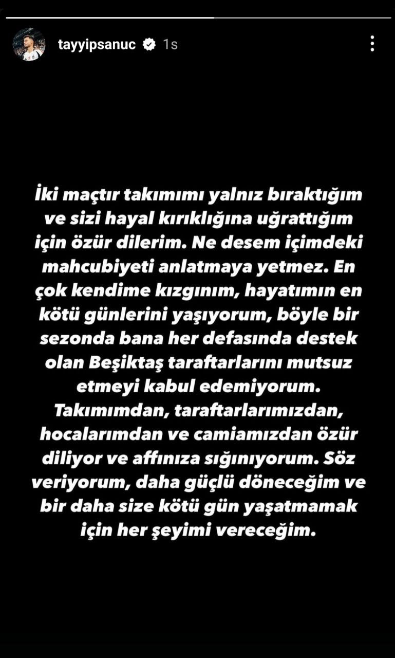 Beşiktaşlı futbolcu Tayyip Talha Sanuç'tan özür paylaşımı- Beşiktaş