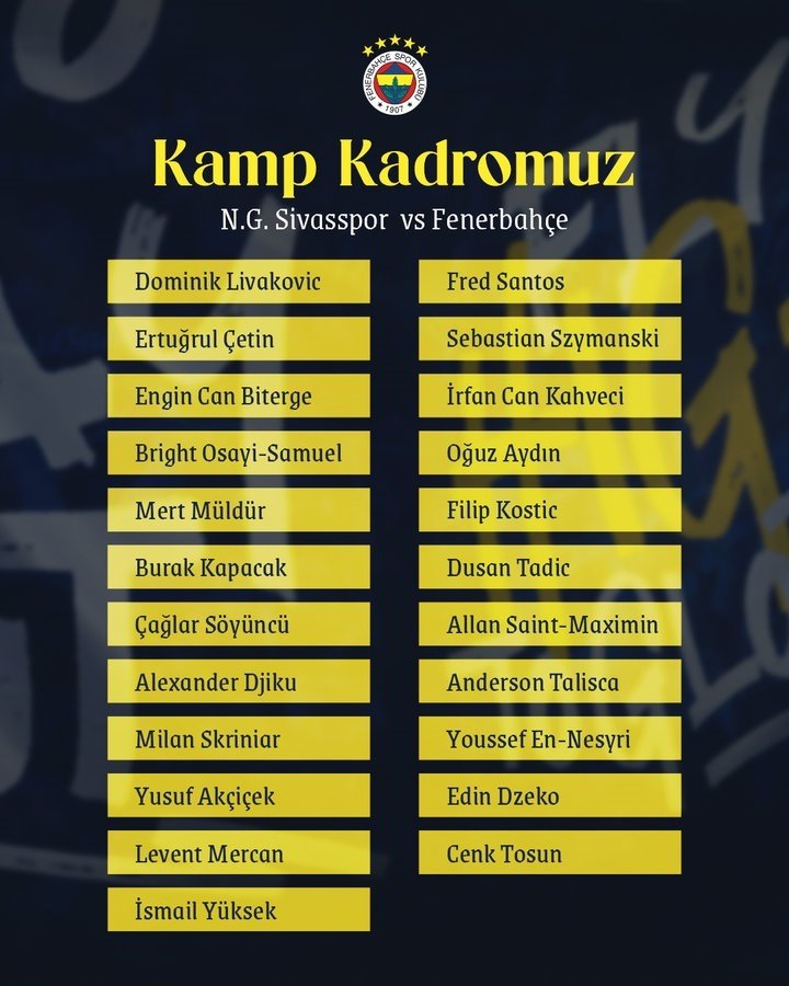 Fenerbahçe, Net Global Sivasspor maçı kadrosunu açıkladı! İki önemli eksik- Fenerbahçe