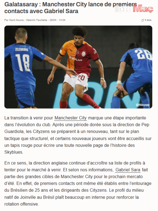 GALATASARAY TRANSFER HABERİ - Manchester City'den Gabriel Sara harekatı! İlk temas kuruldu- Futbol