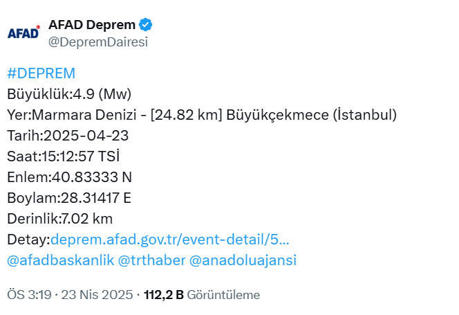 İstanbul'da son dakika bir deprem daha! - 23 Nisan AFAD, Kandilli son depremler- Diğer Haberler