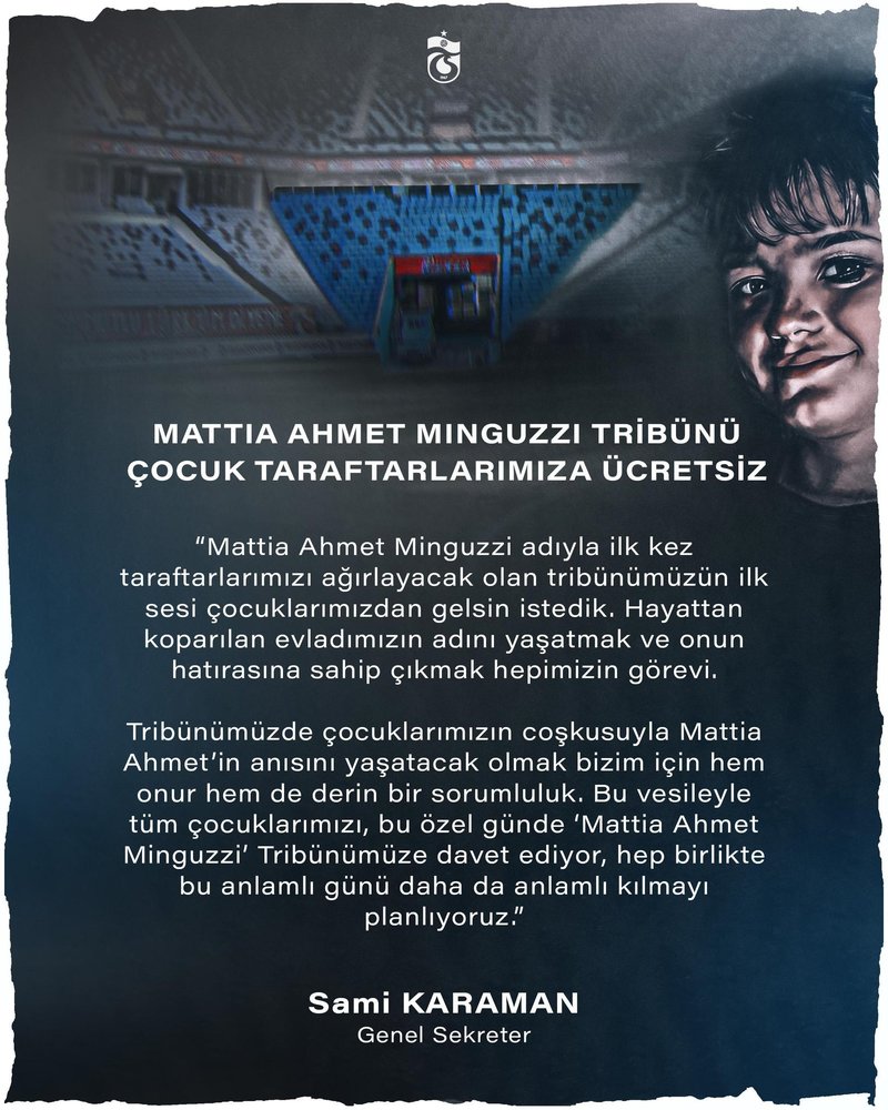 Trabzonspor’dan anlamlı karar: Mattia Ahmet Minguzzi Tribünü çocuklara ücretsiz olacak- Trabzonspor