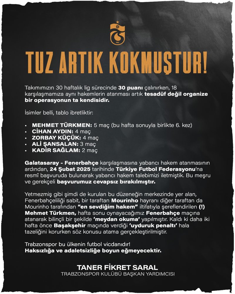 Trabzonspor'dan hakem atamasına tepki! Fenerbahçe maçında...- Trabzonspor
