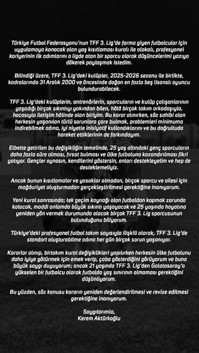Kerem Aktürkoğlu'ndan TFF'nin kararına tepki! '3. Lig'den Galatasaray'a yükselen bir futbolcu olarak...'- Futbol