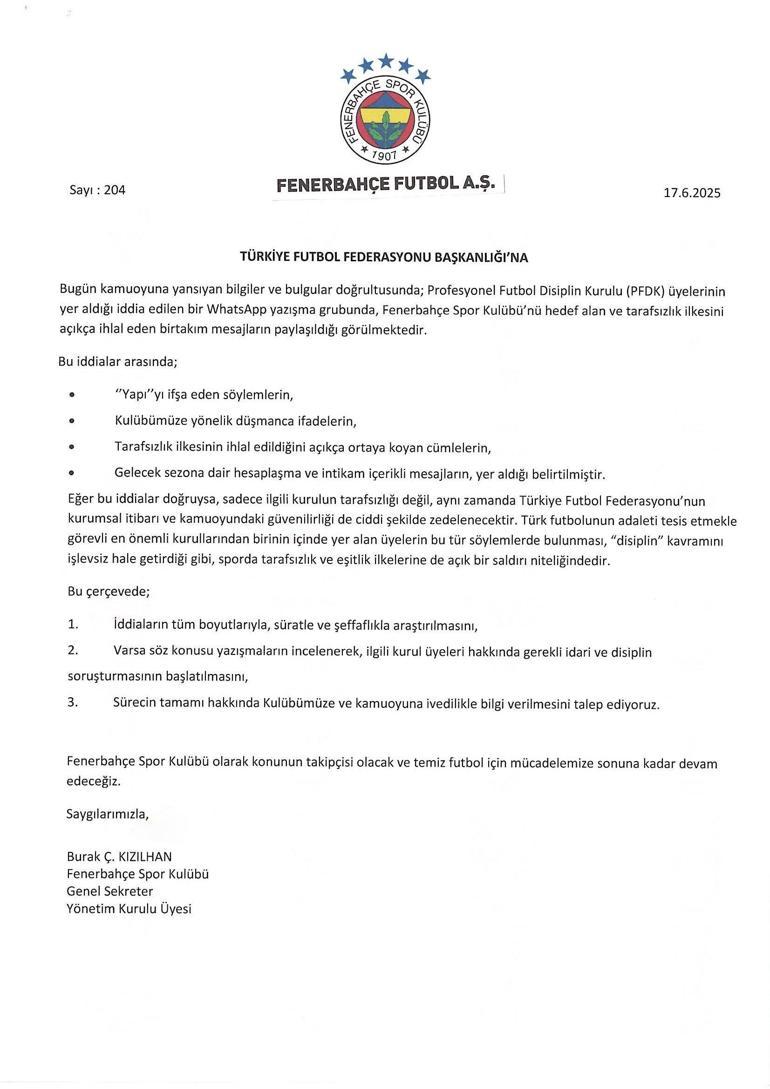 Fenerbahçe'den TFF'ye resmi başvuru! PFDK üyelerine ait olduğu iddia edilen yazışmalar üzerine açıklama geldi...- Futbol
