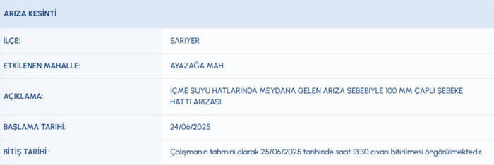 Sarıyer su kesintisi - İSKİ sular ne zaman gelecek? (25 Haziran 2025)- Diğer Haberler