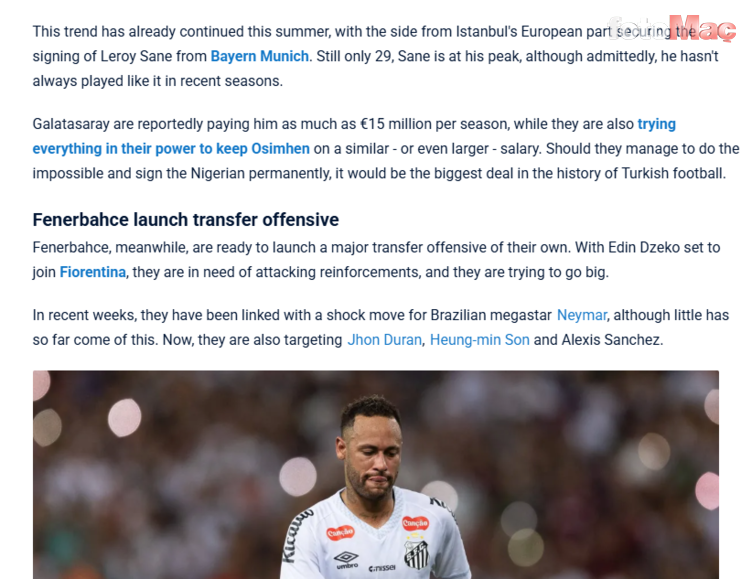 TRANSFER HABERİ - Fenerbahçe'ye yıldız yağacak! Neymar, Sanchez, Duran, Son, ve Walker…- Fenerbahçe